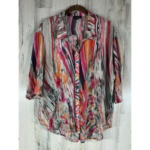 Tolani 100% Silk Blouse Large Button Front High Low Hem‎ 3/4 Sleeve Multicolor